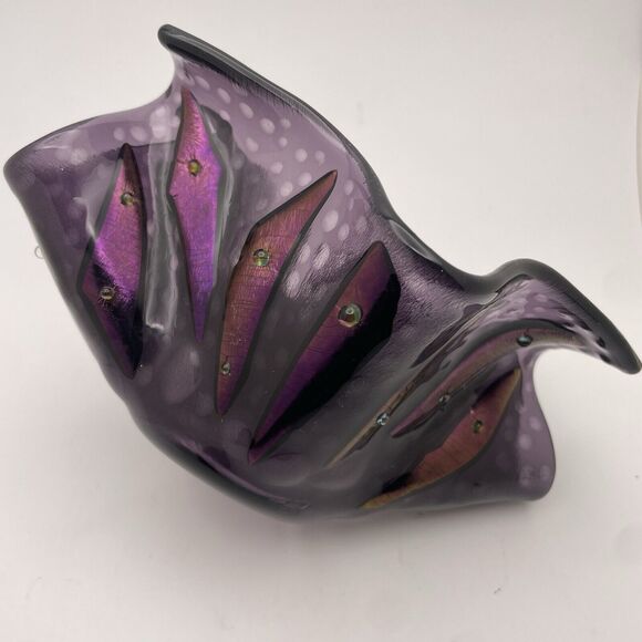 Art Glass Iridescent Dichroic Purple Folded HANDKERCHIEF Vase Bowl Studio Beaded - Picture 9 of 12